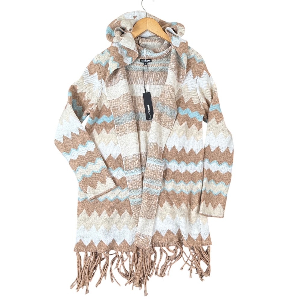 Fashion Nova Women Brown Chevron Hooded Fringe Open Front Cardigan Sweater M NWT